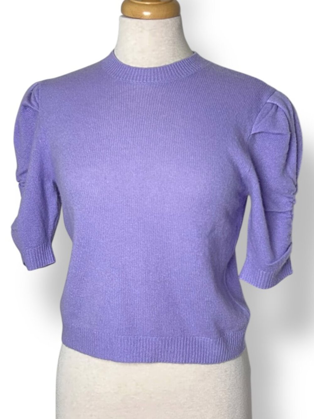 Frame Women's Lilac Ruched Puff Sleeve Crewneck 100% Cashmere Sweater Sz S